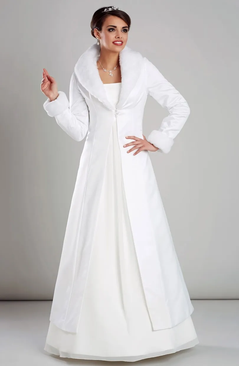 ---Abrigo de novia en Satèn con piel sintética, manga larga, perfecto para bodas de invierno.--