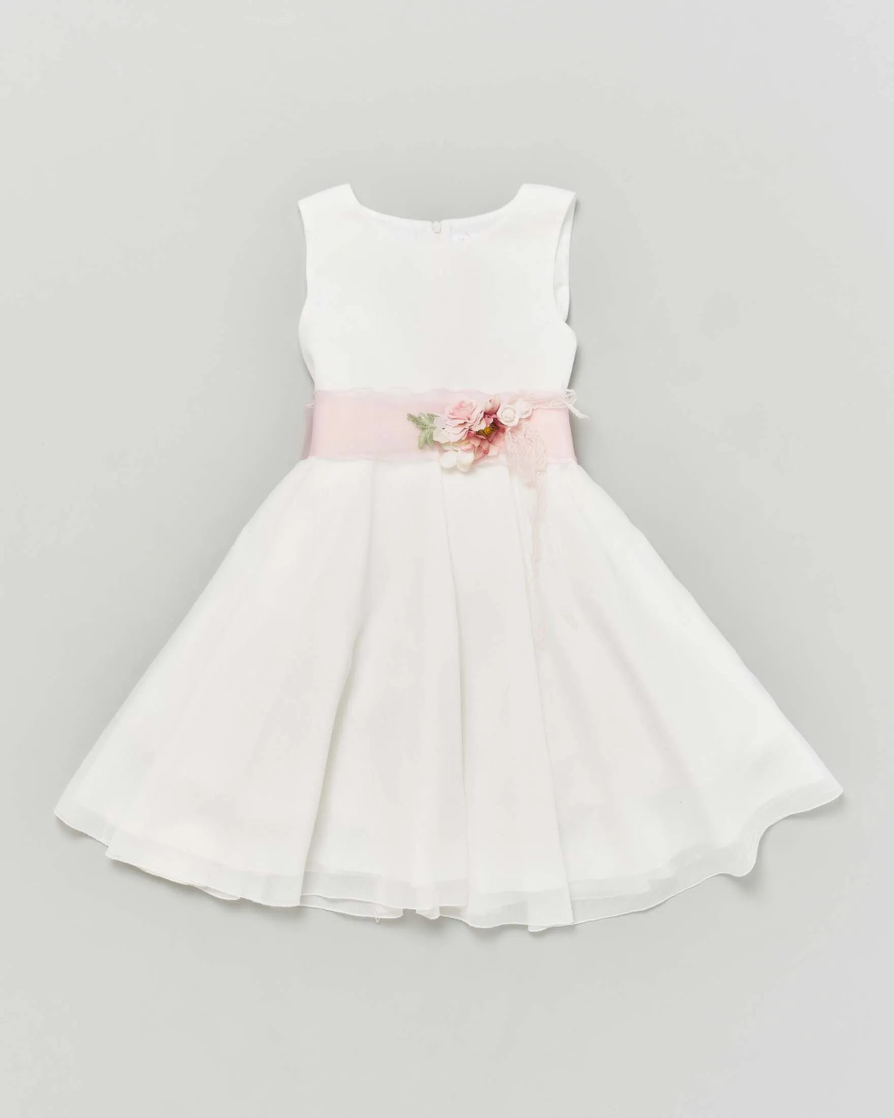 Abito corto bianco effetto lurex con gonna a faldoni e fascia rosa in organza con fiori 12 anni