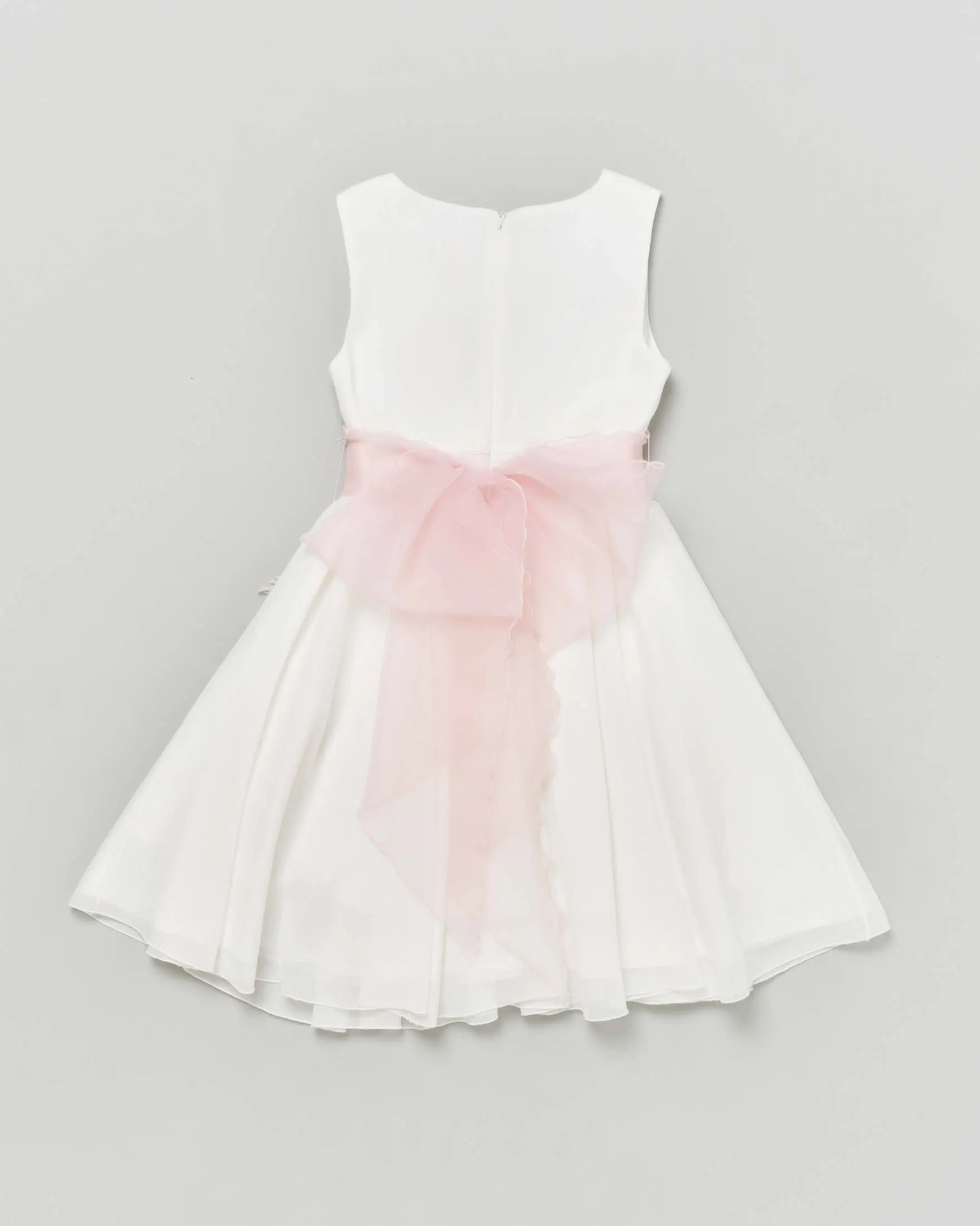 Abito corto bianco effetto lurex con gonna a faldoni e fascia rosa in organza con fiori 12 anni