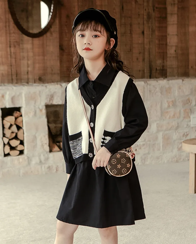 Abito da bambina retrò per bambini vestito da ragazza vestito da camicia a maniche lunghe autunno abito in due pezzi