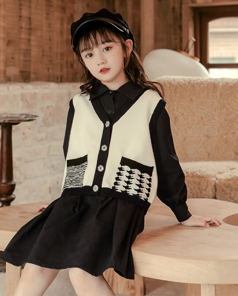 Abito da bambina retrò per bambini vestito da ragazza vestito da camicia a maniche lunghe autunno abito in due pezzi