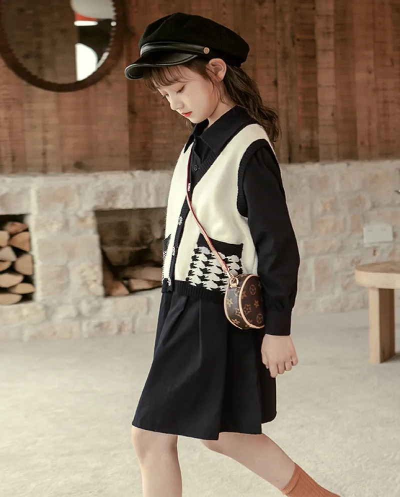 Abito da bambina retrò per bambini vestito da ragazza vestito da camicia a maniche lunghe autunno abito in due pezzi