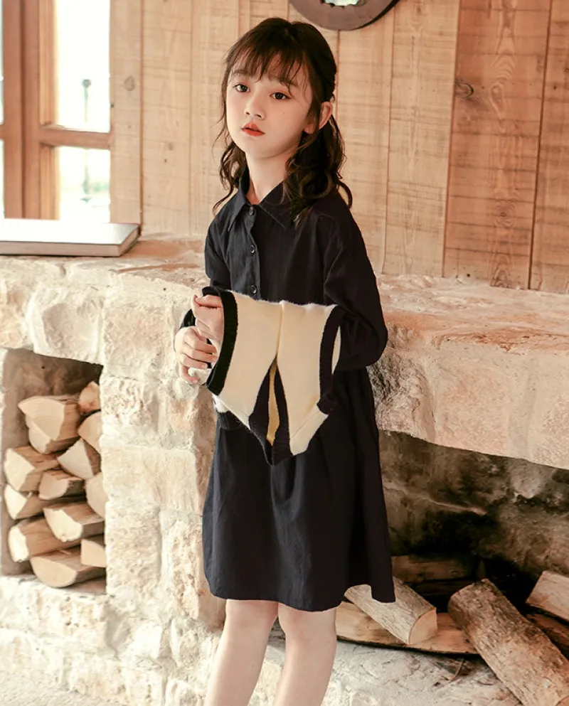 Abito da bambina retrò per bambini vestito da ragazza vestito da camicia a maniche lunghe autunno abito in due pezzi