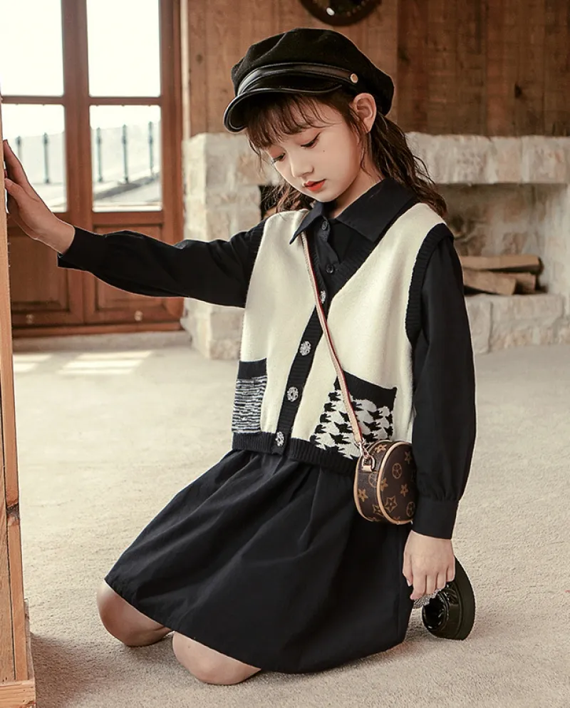 Abito da bambina retrò per bambini vestito da ragazza vestito da camicia a maniche lunghe autunno abito in due pezzi