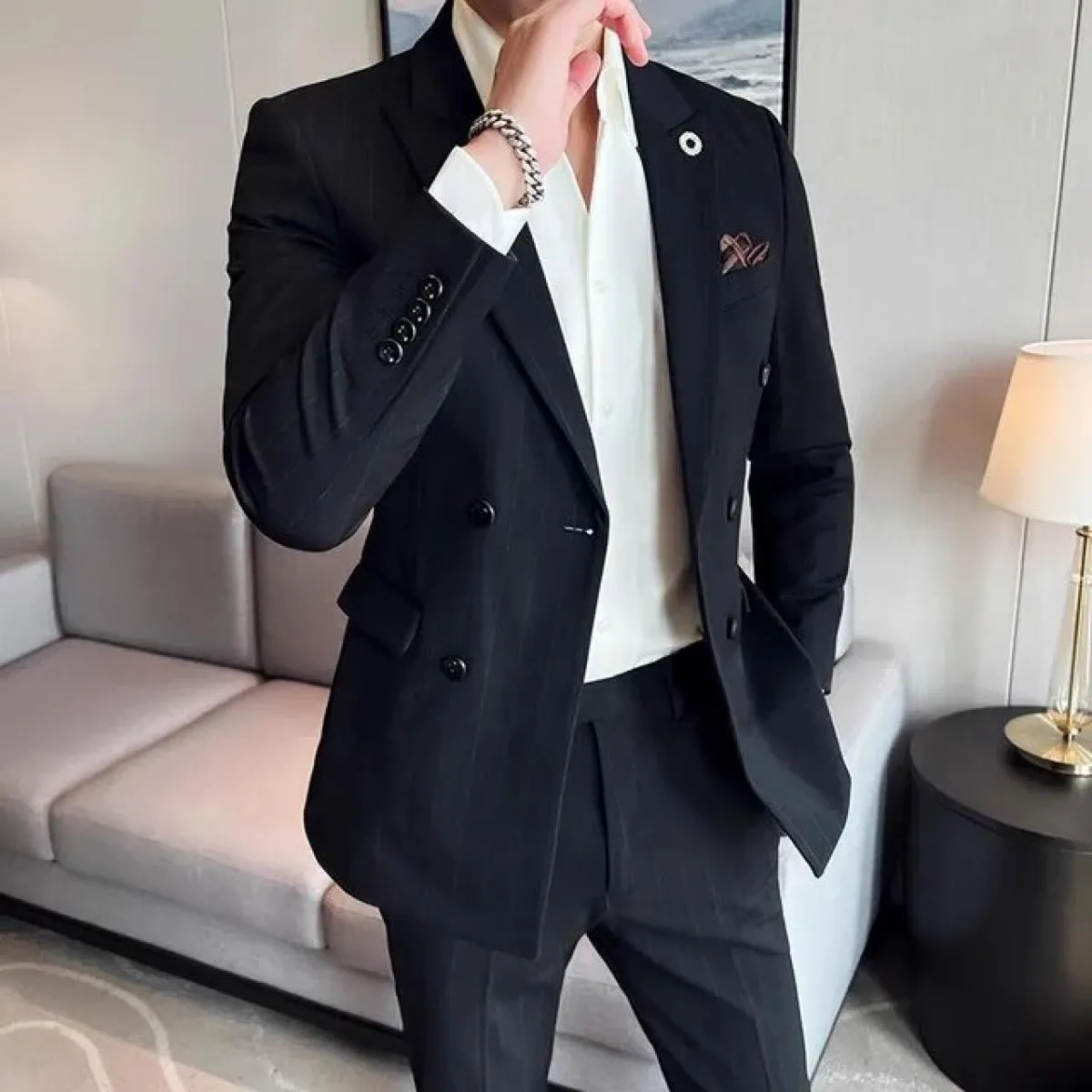 Abito da uomo nuovo a tre pezzi Business Casual Britannico a righe Taglie forti Abito doppiopetto maschile Blazer Giacca Pantalo