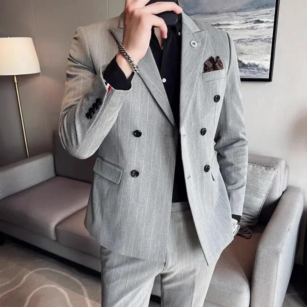 Abito da uomo nuovo a tre pezzi Business Casual Britannico a righe Taglie forti Abito doppiopetto maschile Blazer Giacca Pantalo