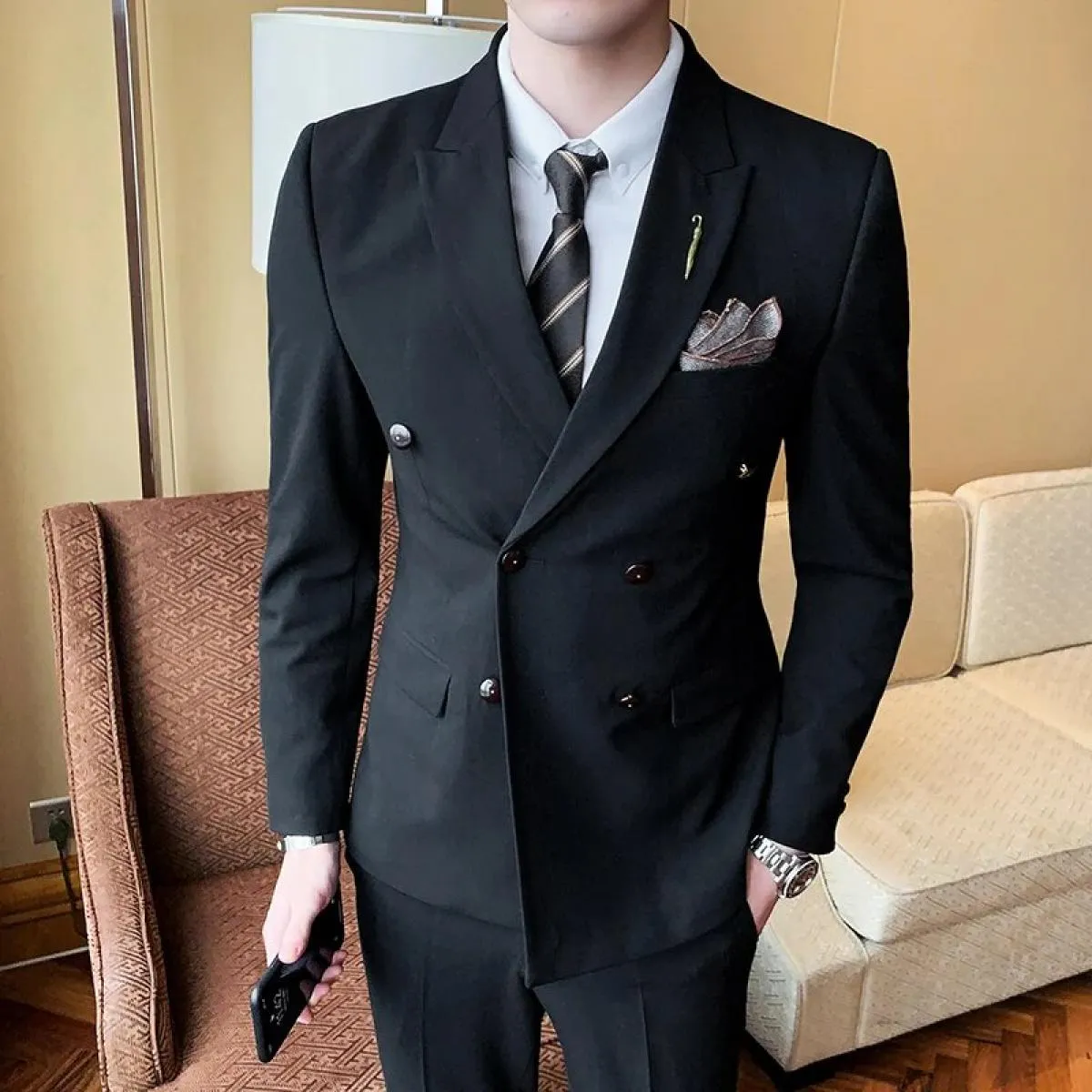 Abito da uomo nuovo a tre pezzi Business Casual Britannico a righe Taglie forti Abito doppiopetto maschile Blazer Giacca Pantalo