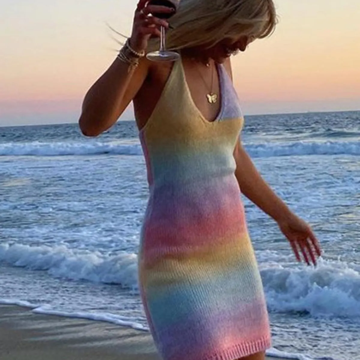 Abito in maglia con scollo a V Abito da festa tie-dye Abito da spiaggia senza schienale Abito aderente aderente senza maniche Mi