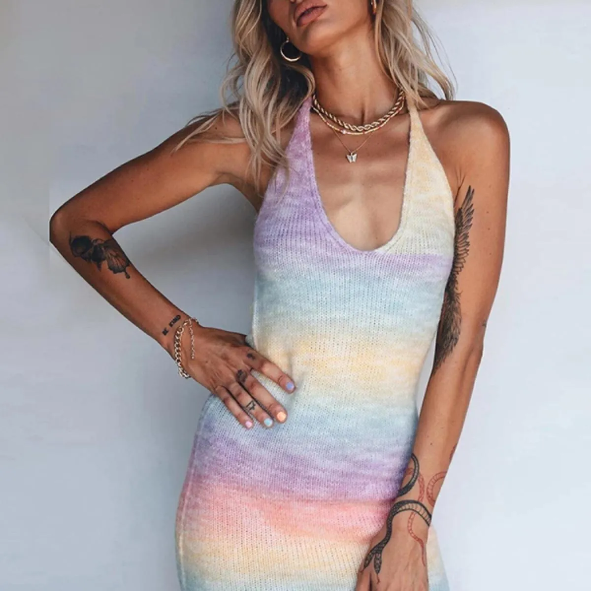 Abito in maglia con scollo a V Abito da festa tie-dye Abito da spiaggia senza schienale Abito aderente aderente senza maniche Mi