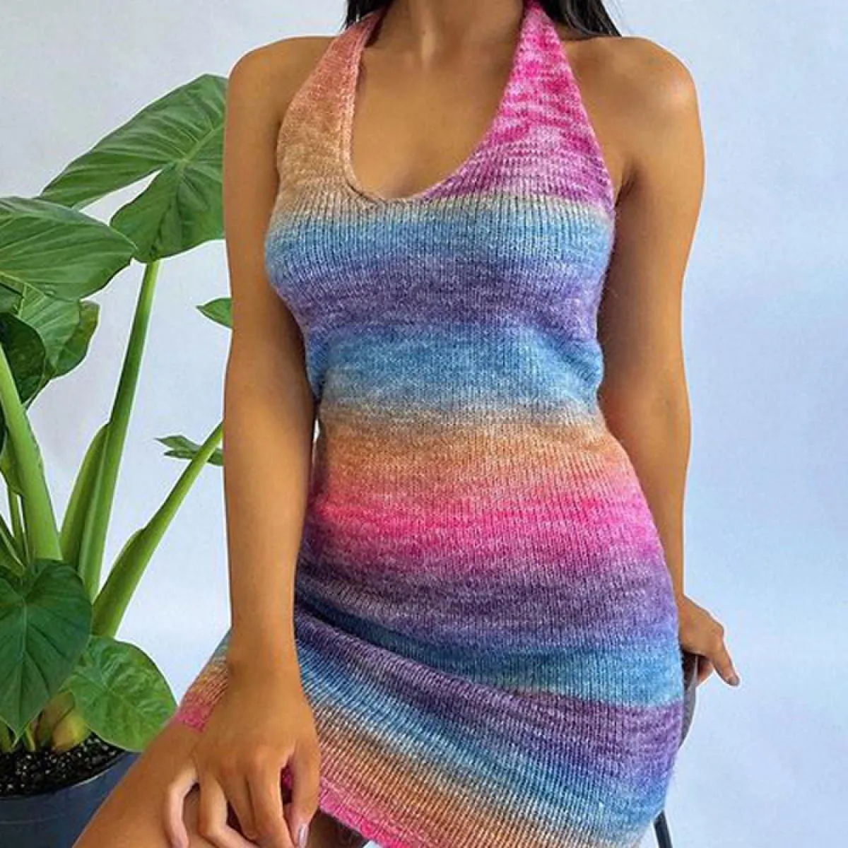 Abito in maglia con scollo a V Abito da festa tie-dye Abito da spiaggia senza schienale Abito aderente aderente senza maniche Mi