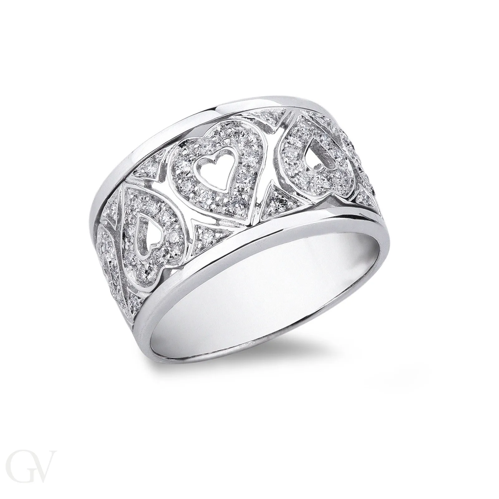Anello a fascia in oro bianco 18k con cuori ricamati in diamanti