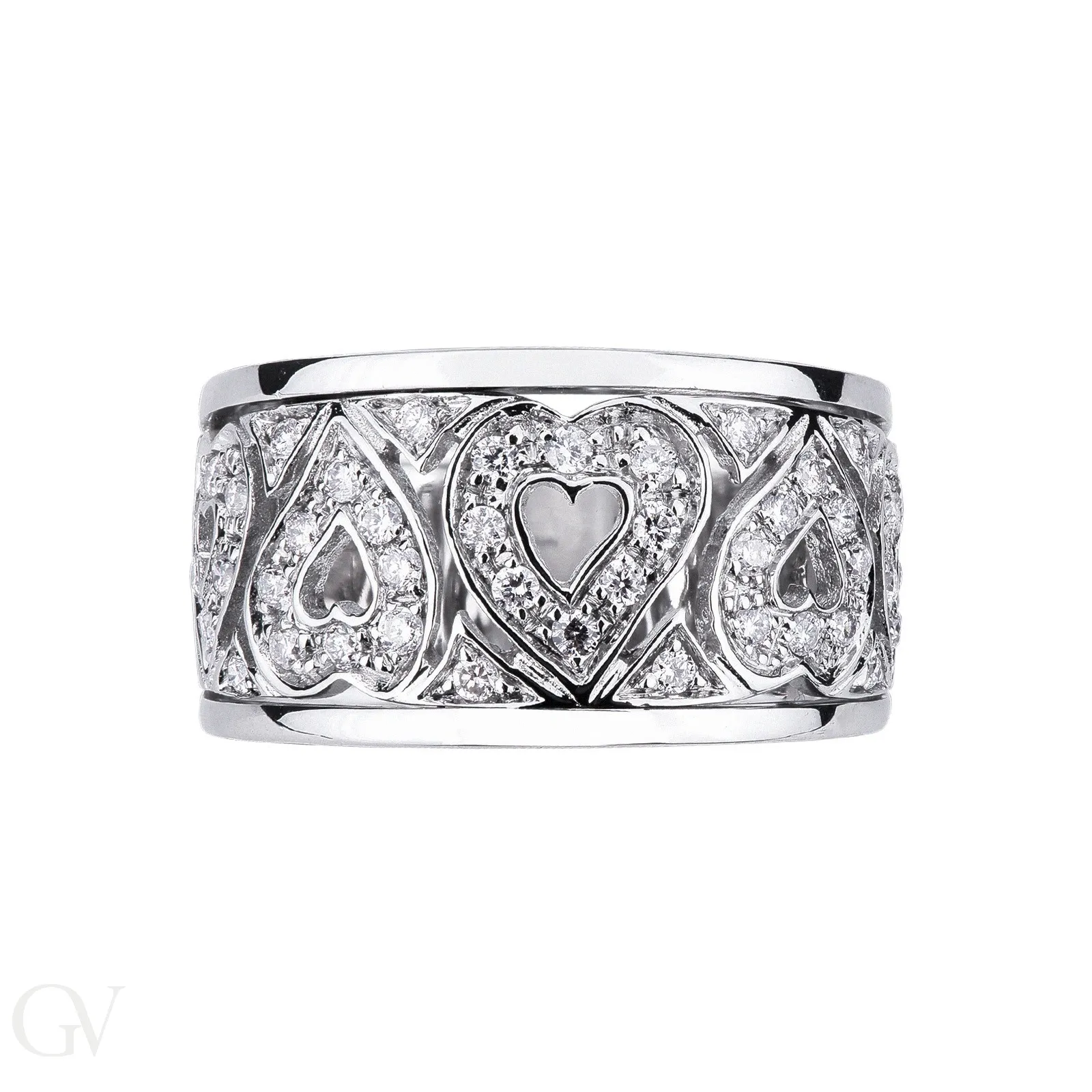 Anello a fascia in oro bianco 18k con cuori ricamati in diamanti