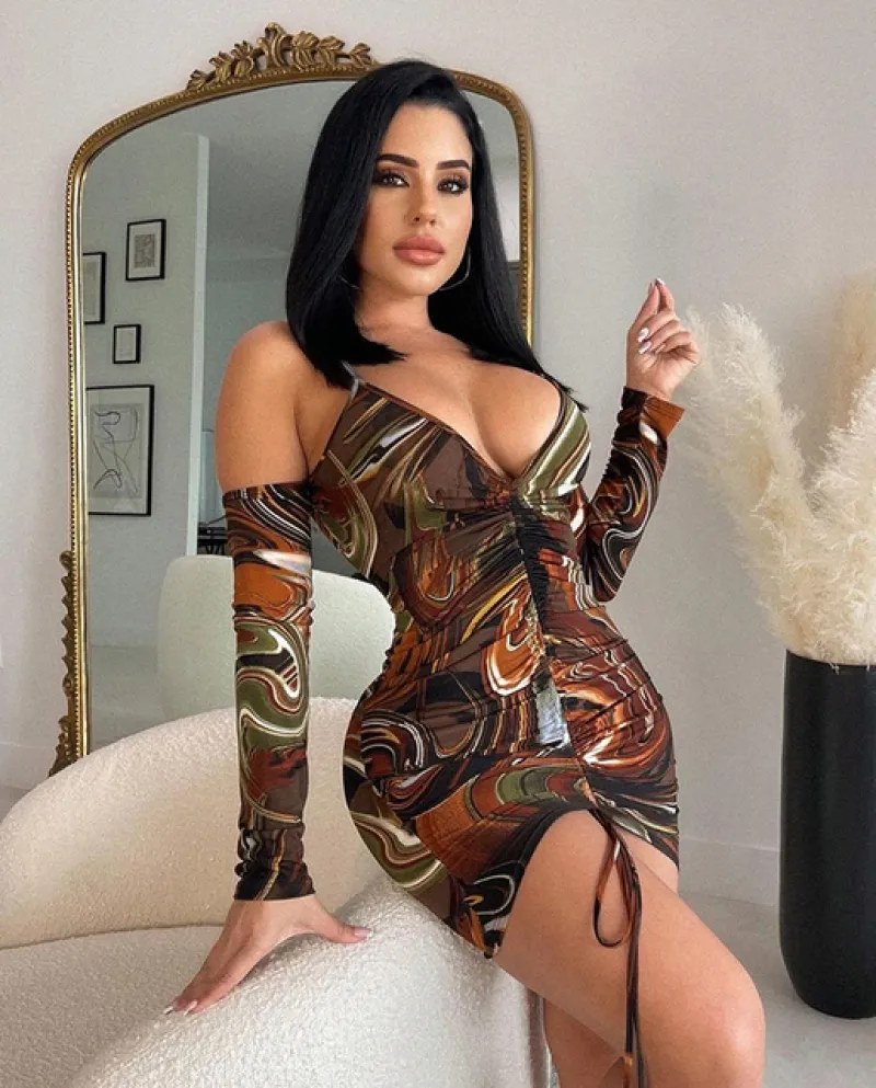 Autunno Mini Vestito Delle Donne Fuori Dalla Spalla Manica Lunga Con Scollo A V Aderente Coulisse Vestito Abiti Eleganti Fem