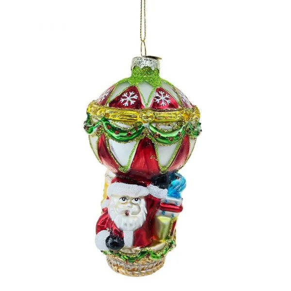 Babbo Natale con Doni in Mongolfiera in Vetro Finemente Decorata con Glitter – H 13 cm