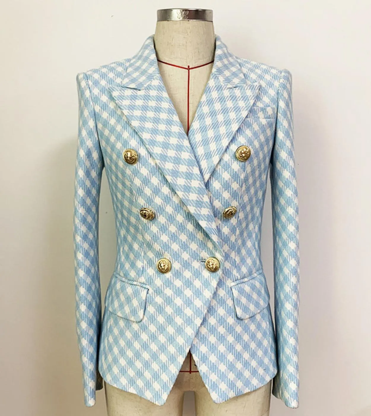 Blazer rosa di alta qualità Donna Nuova giacca femminile Scozzese blu cielo Bottoni doppiopetto Abito slim Fashion Woven Blaze
