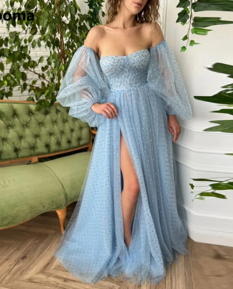 Booma Baby Blue Glitter Hearty Tulle Abiti da ballo senza spalline Maniche a sbuffo con spacco alto Abiti da sera da sera Maxi P