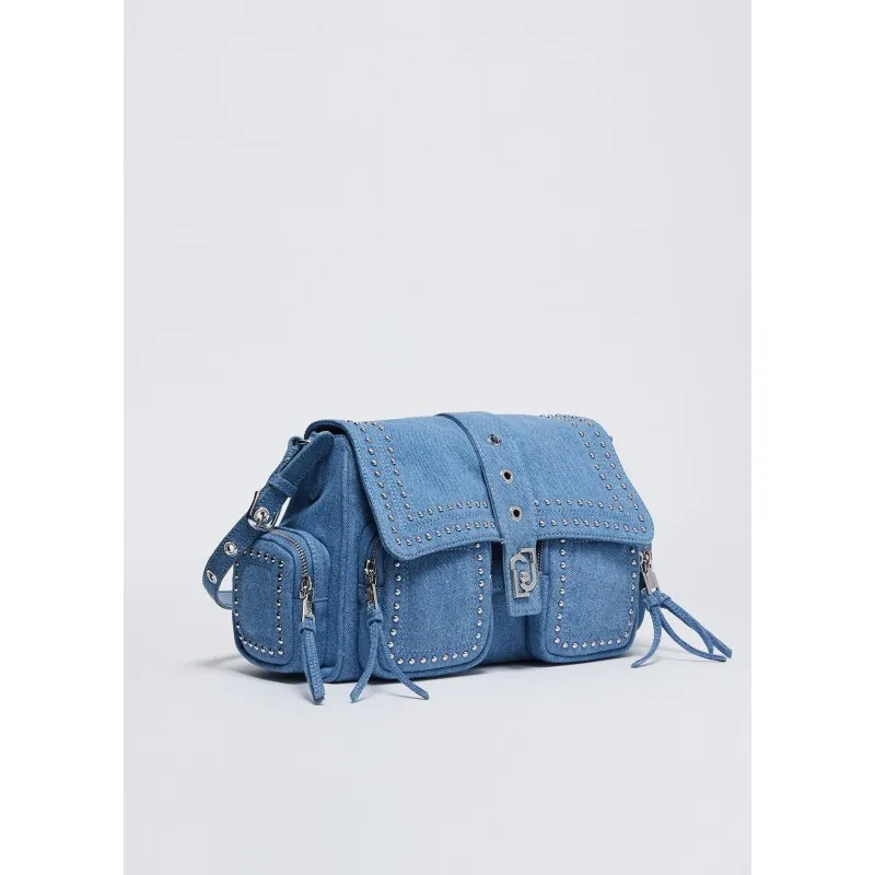 Borsa a spalla in denim con borchie