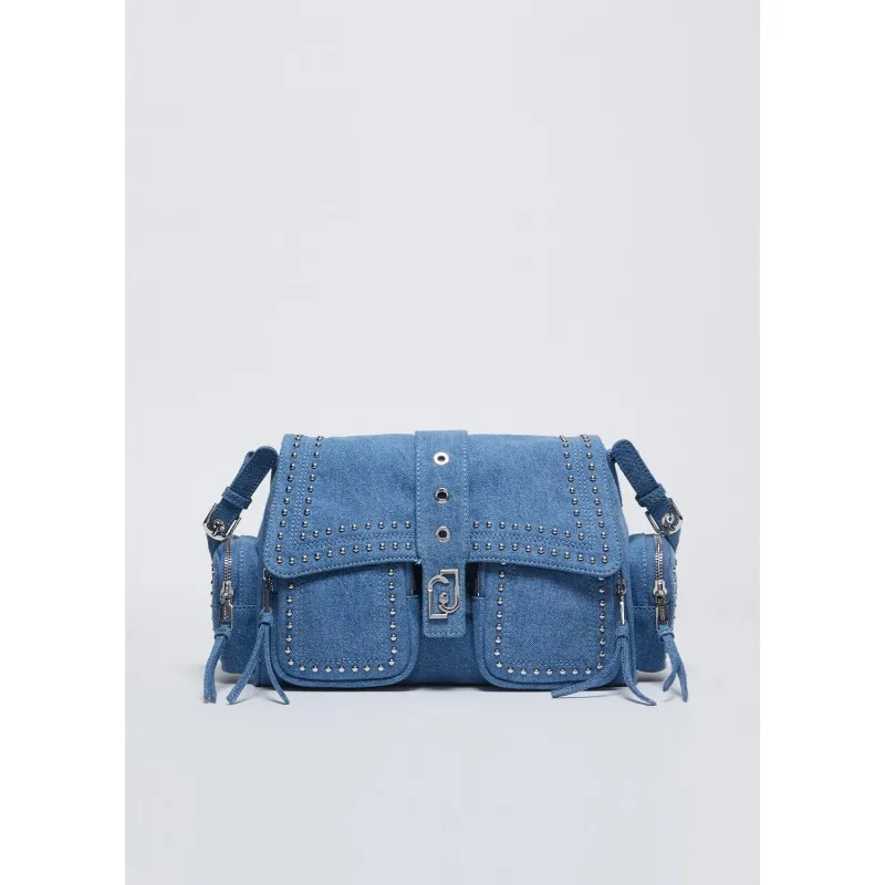 Borsa a spalla in denim con borchie
