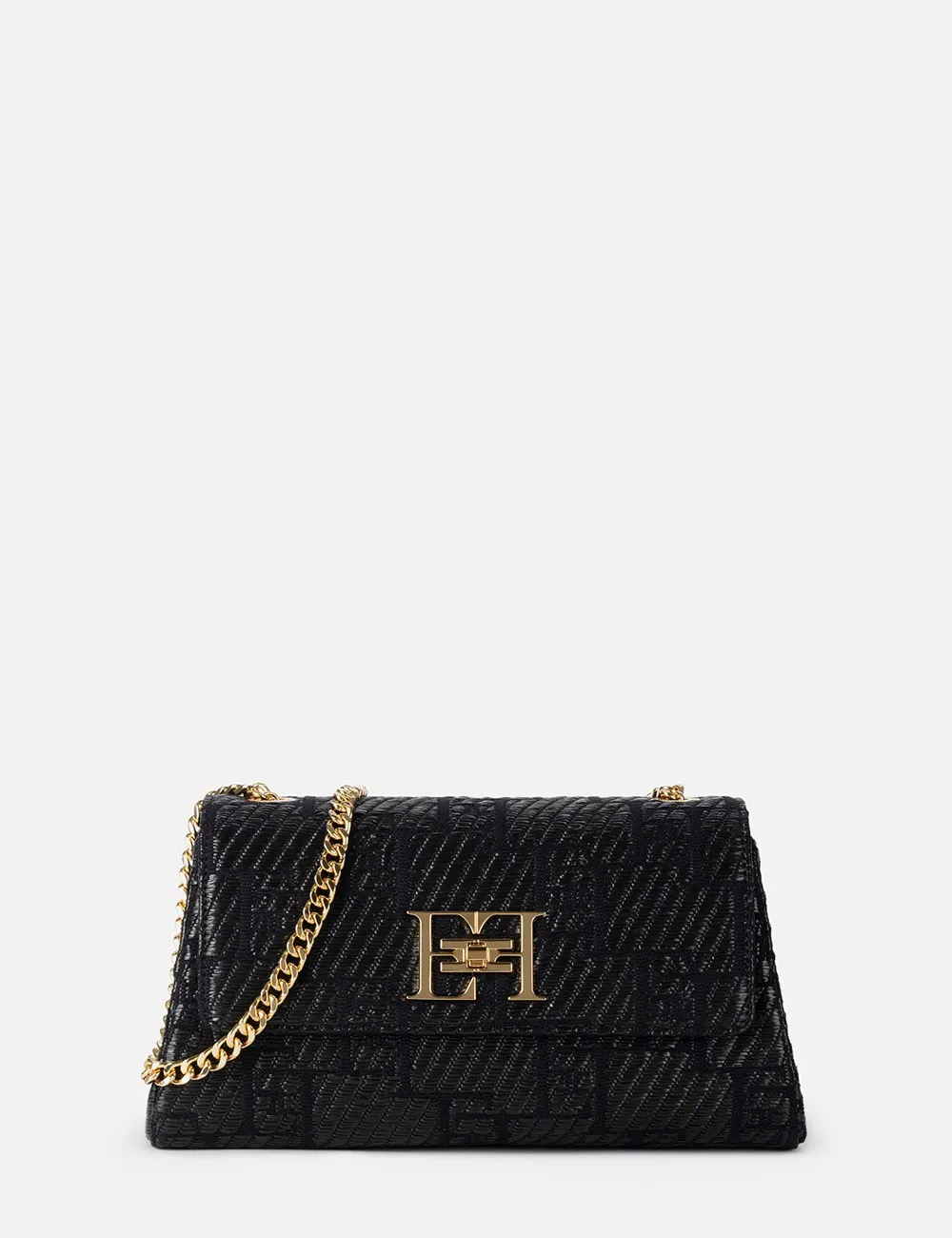 Borsa a spalla in rafia jacquard nero