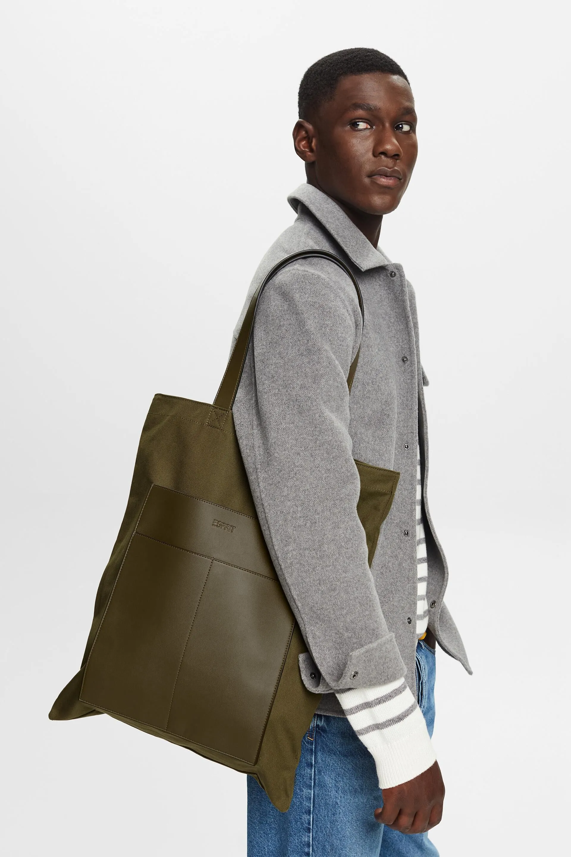 Borsa tote in tela di cotone con bordo in pelle vegana