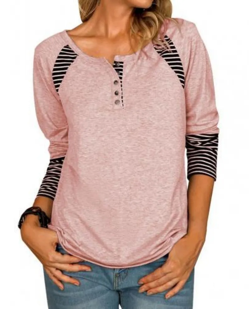 Camicetta da donna Camicia patchwork a righe tinta unita Top Pullover Autunno