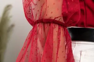Camicia elegante con scollo a barchetta e maniche trasparenti a pois Josefina, bordeaux