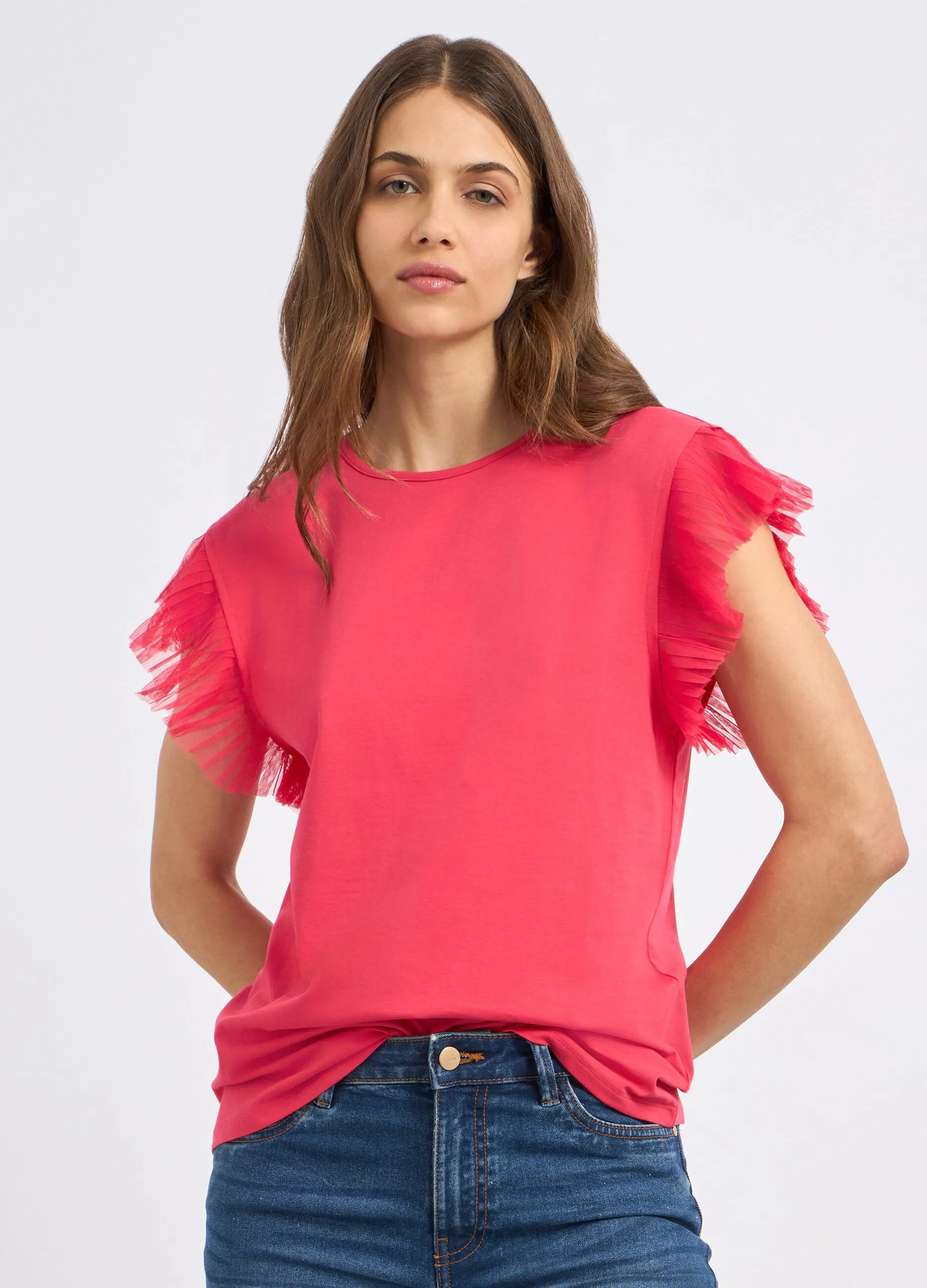 Canotta in cotone stretch con tulle donna