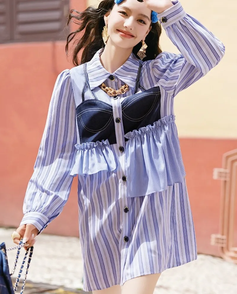 Casual inizio autunno nuovo senso del design del vestito a righe a maniche lunghe