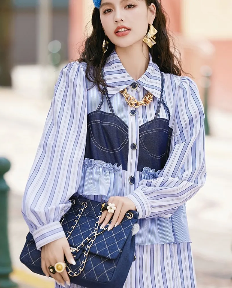 Casual inizio autunno nuovo senso del design del vestito a righe a maniche lunghe