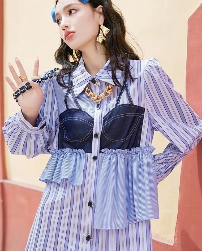 Casual inizio autunno nuovo senso del design del vestito a righe a maniche lunghe