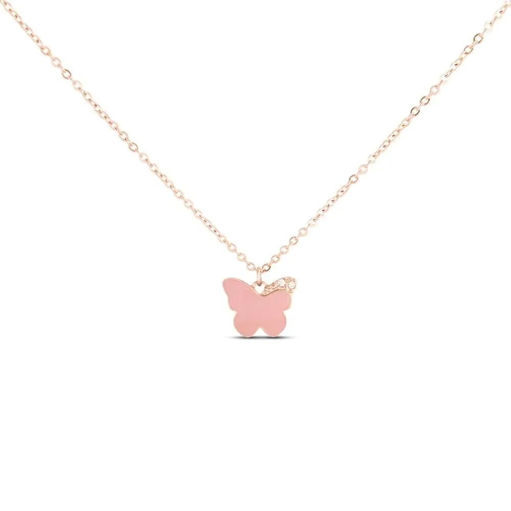 Collana Farfalla Lady Sweet Acciaio Rosa Maglia Forzatina Rotonda Cristallo Bianco 42 + 3 cm 1668995