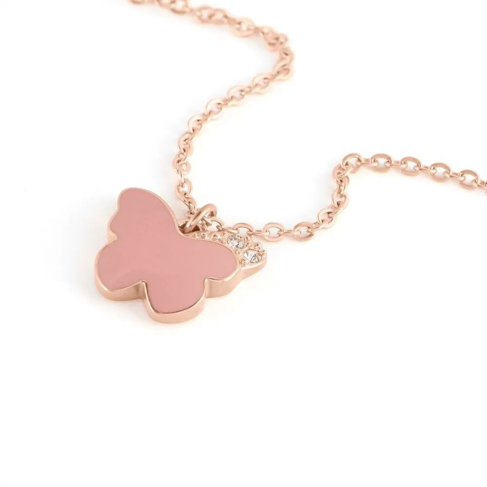 Collana Farfalla Lady Sweet Acciaio Rosa Maglia Forzatina Rotonda Cristallo Bianco 42 + 3 cm 1668995