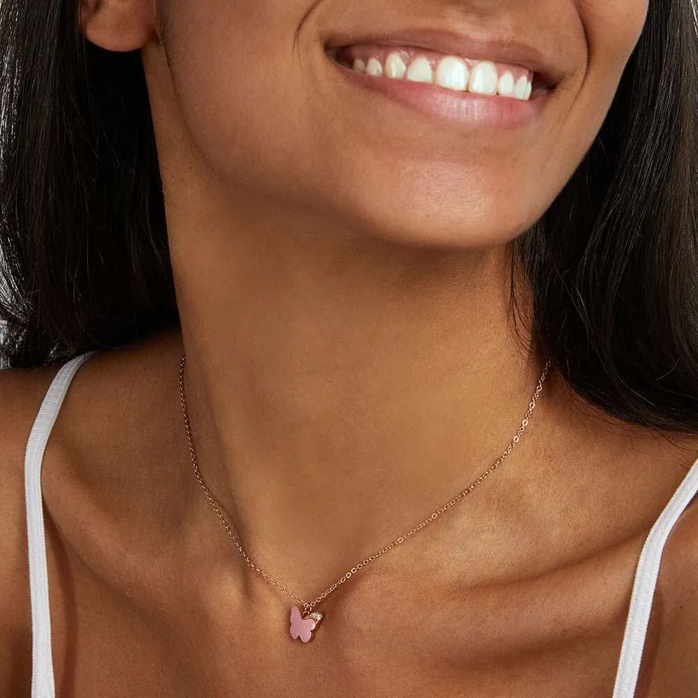 Collana Farfalla Lady Sweet Acciaio Rosa Maglia Forzatina Rotonda Cristallo Bianco 42 + 3 cm 1668995