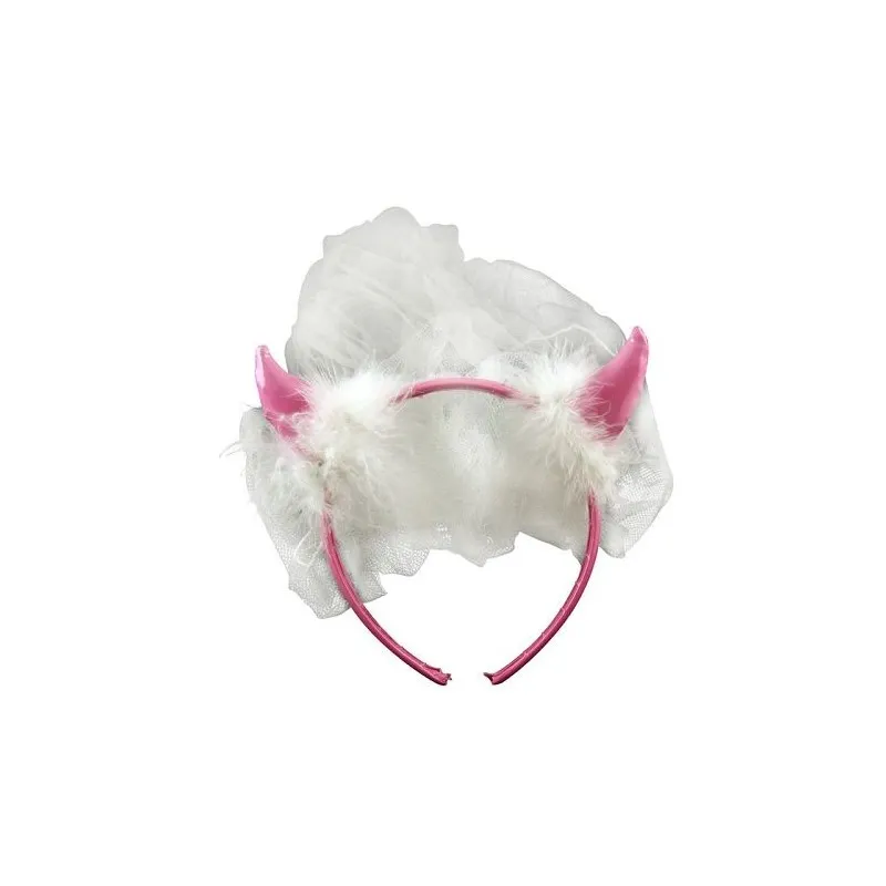 DIADEMA ROSA CON CORNA MORBIDE PELO E VELO BIANCO 55CM ARTICOLI PER TRAVESTIMENTI CARNEVALE HALLOWEEN E PARTY VARI