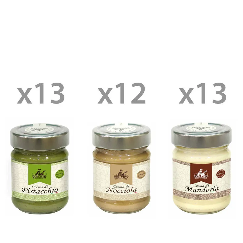 Don Vito - Eccellenze Siciliane 38 vasetti misti da 40 gr: 13 Crema di Pistacchio - 13 Crema di Mandorla - 12 Crema di Nocciola