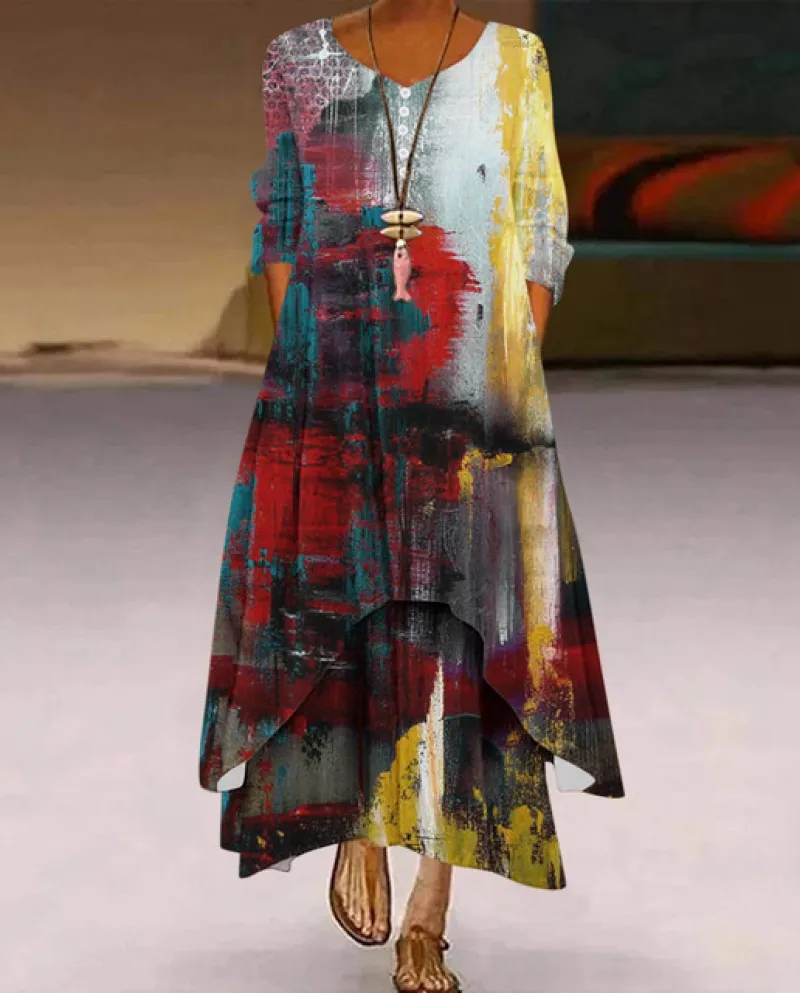 Donne allentate Boho Vintage Button manica a tre quarti lungo maxi vestito da spiaggia casual estate vestito estivo a tunica 202