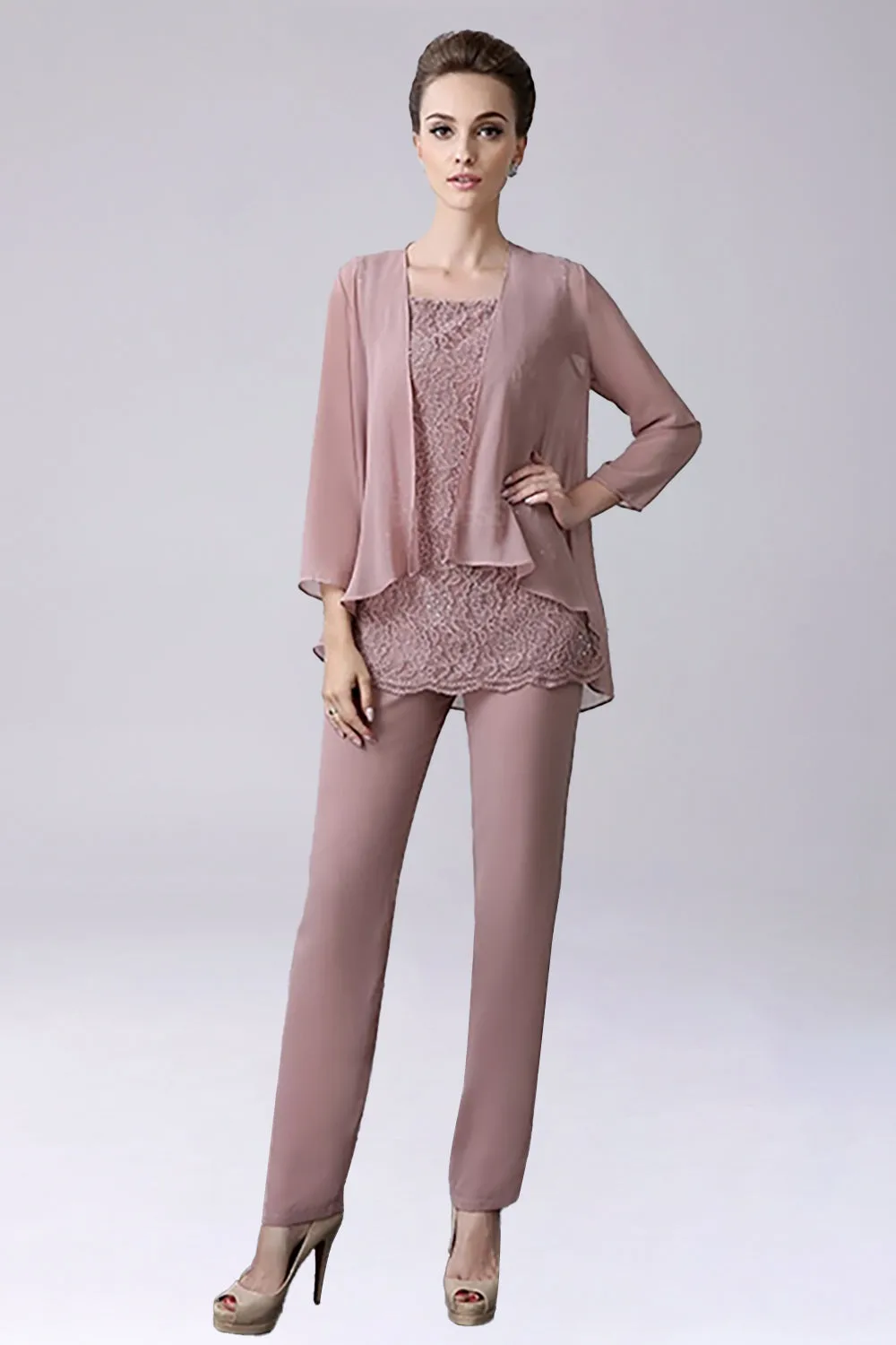 Dusty Rose 3 Pezzi Chiffon Madre della Sposa Pantaloni Abiti