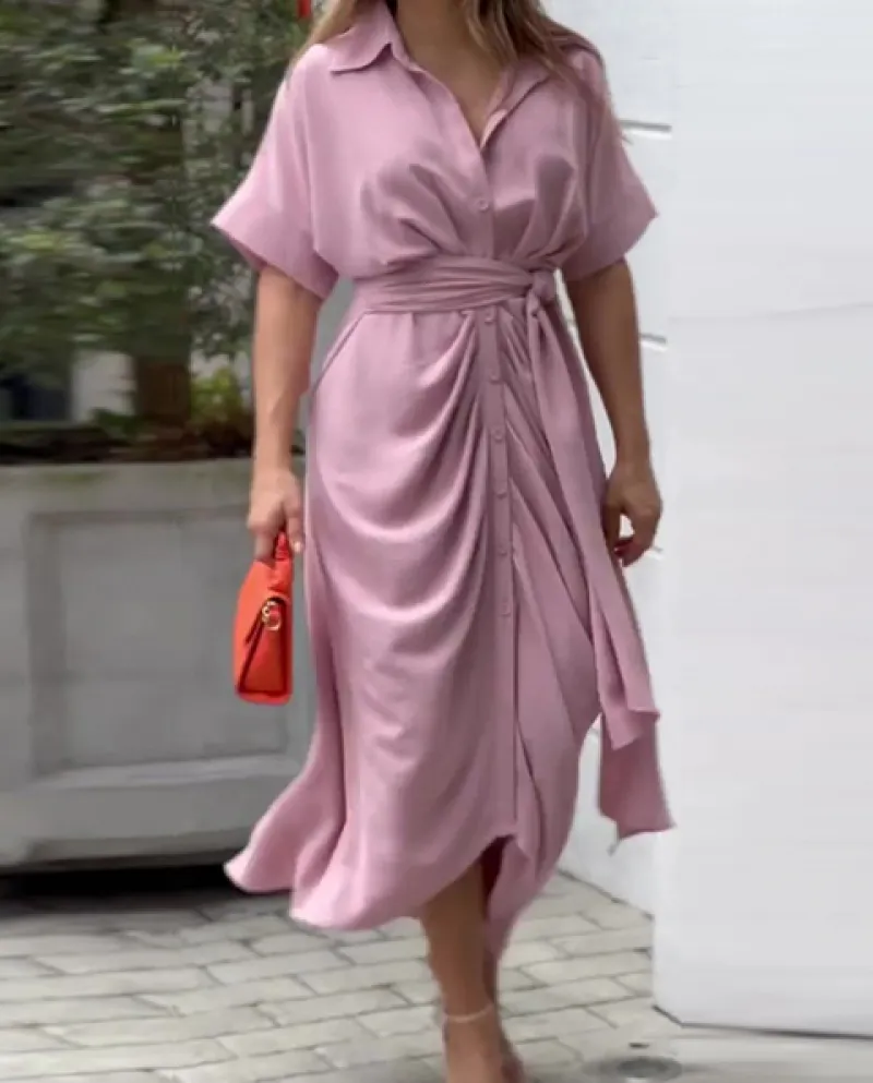 Estate elegante manica corta bavero vestito a pieghe donne moda solido laceup irregolare vestito lungo signora casual camicia so