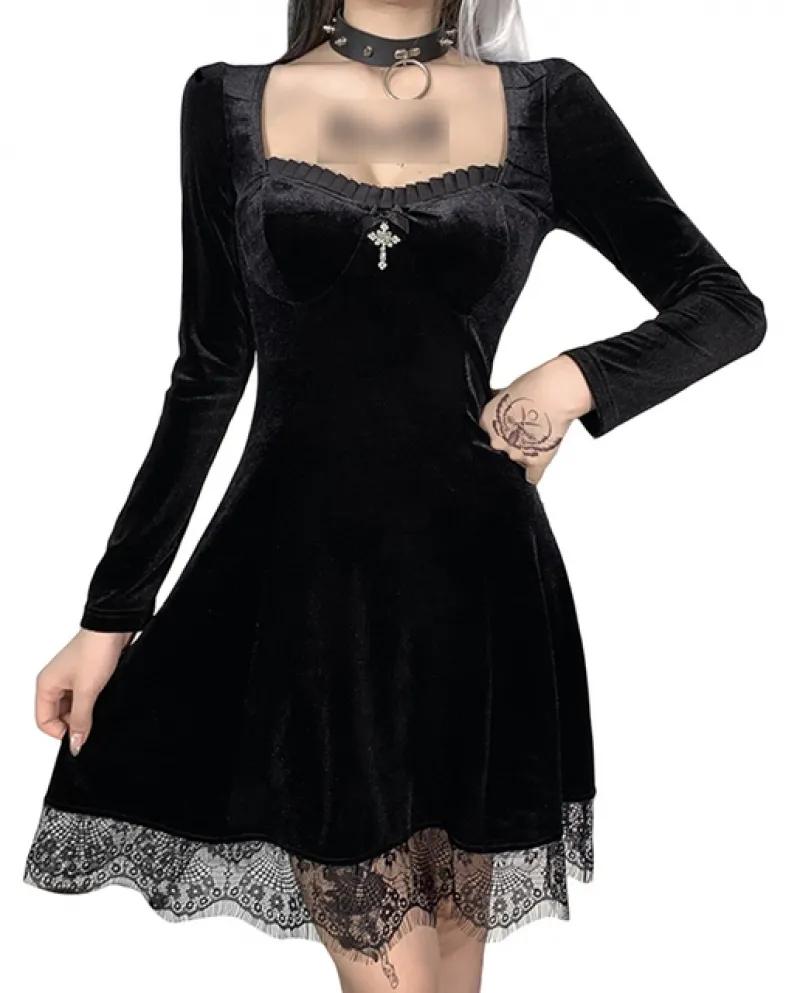 Kayotuas Vestito da Donna Gotico Vintage Velluto A Line Pizzo Club Party Girl Vestito Estivo Moda Streetwear Pieghettato