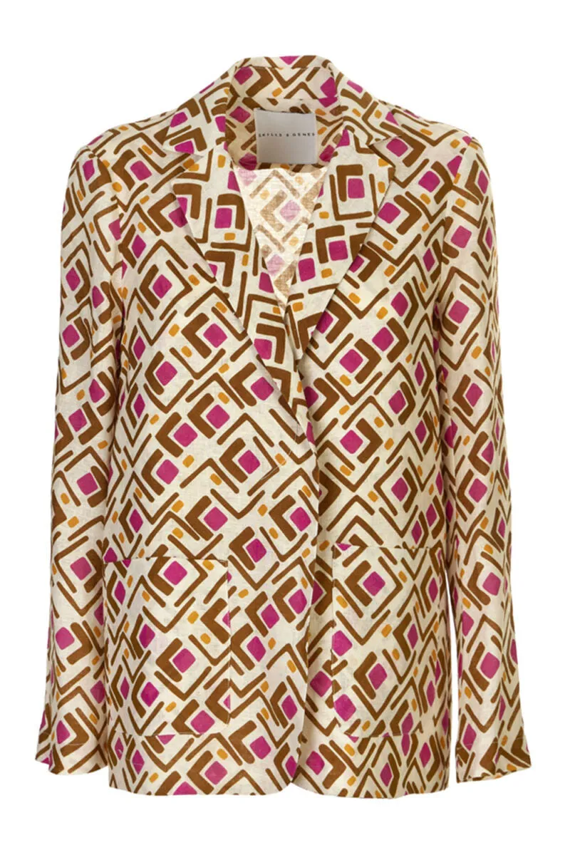 Linen Blazer with Skills & Genes Pattern / Multicolor