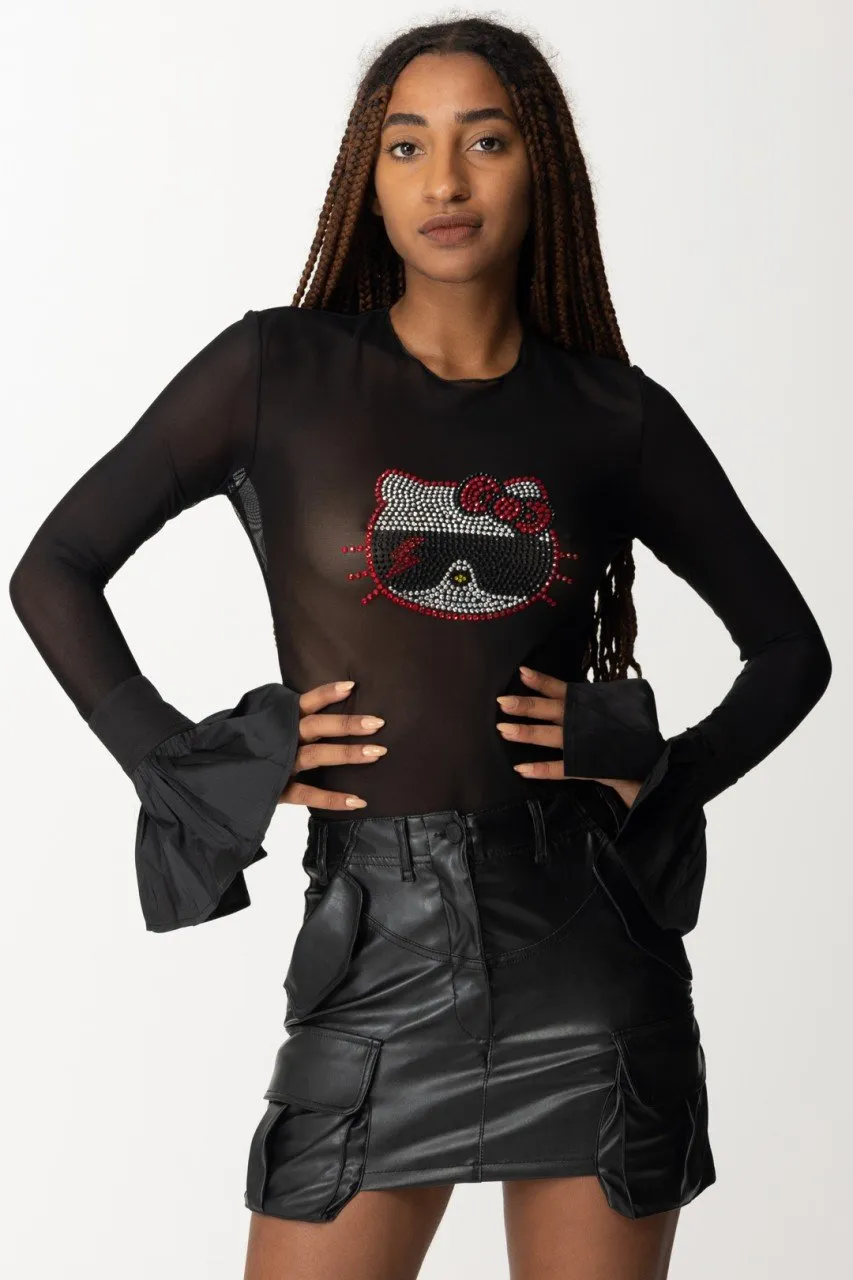 Maglia in tulle con stampa Hello Kitty Nero