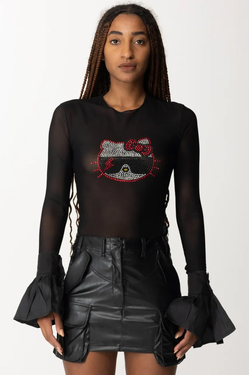 Maglia in tulle con stampa Hello Kitty Nero