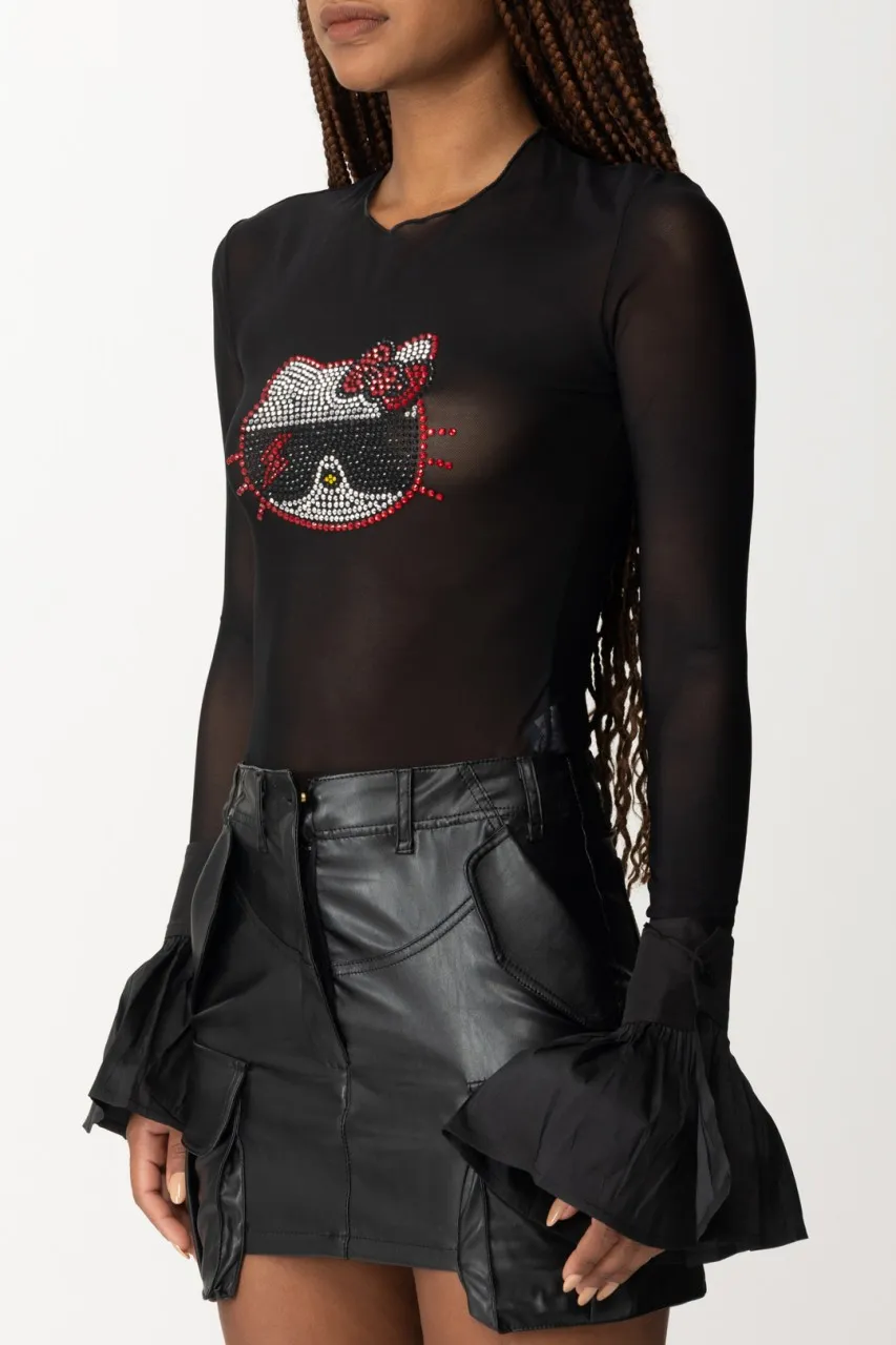 Maglia in tulle con stampa Hello Kitty Nero