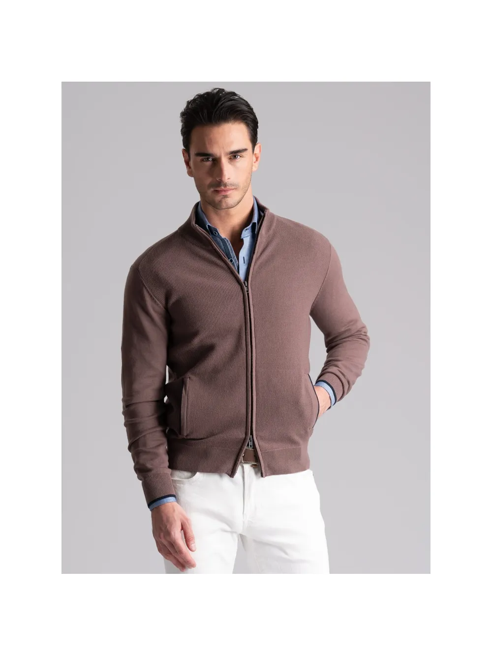 Maglia uomo full zip con lavorazione chicco di riso