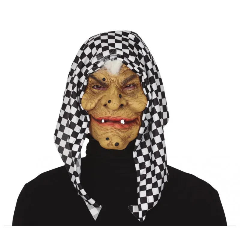 MASCHERA STREGA BEFANA IN LATTICE CON CAPPUCCIO A SCACCHI PER TRAVESTIMENTO DI CARNEVALE HALLOWEEN ANZIANA HORROR