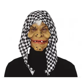 MASCHERA STREGA BEFANA IN LATTICE CON CAPPUCCIO A SCACCHI PER TRAVESTIMENTO DI CARNEVALE HALLOWEEN ANZIANA HORROR