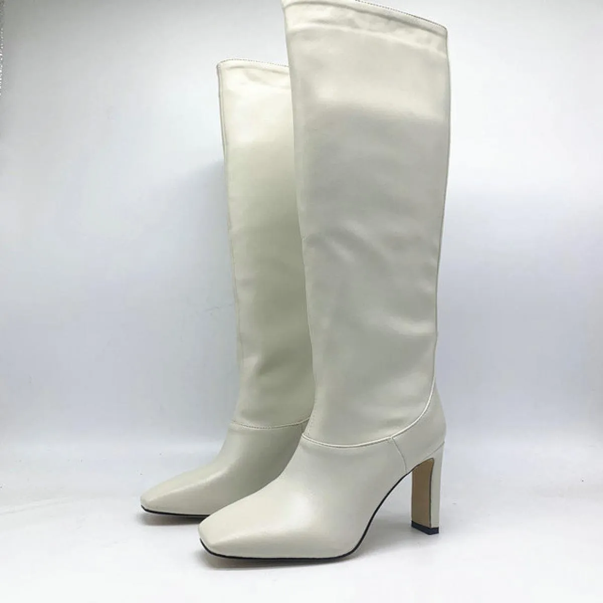 Moda Donna Stivali alti al ginocchio Autunno Inverno Caldi scarpe da festa Donna Punta quadrata Stivali da moto con tacco alto S