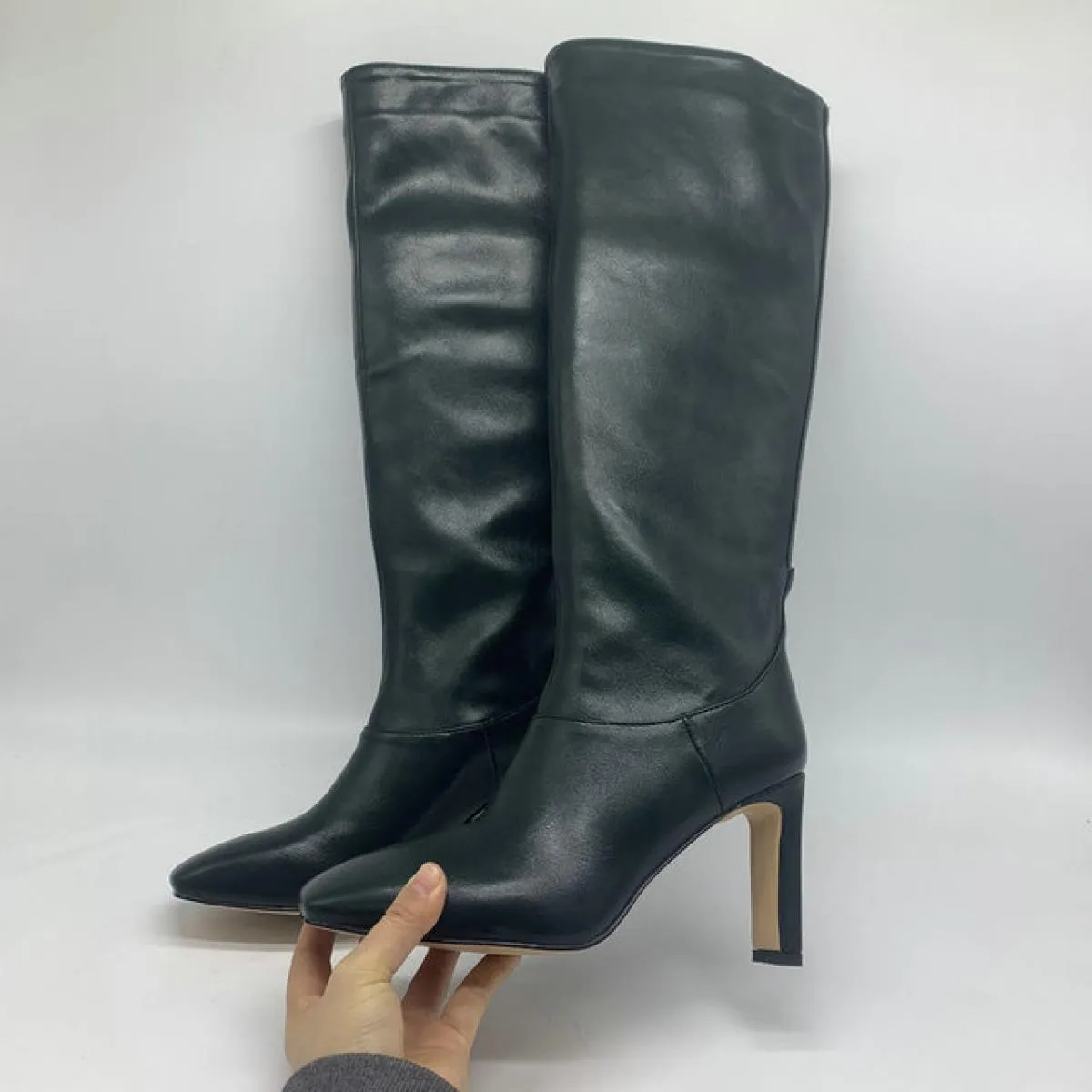 Moda Donna Stivali alti al ginocchio Autunno Inverno Caldi scarpe da festa Donna Punta quadrata Stivali da moto con tacco alto S