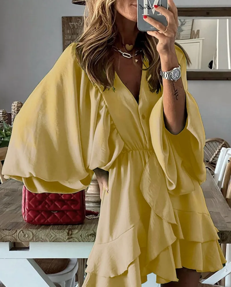 Nuova primavera elegante scollo a V vestito con bottoni donna estate moda casual vestito solido donne retrò allentato doppio vol