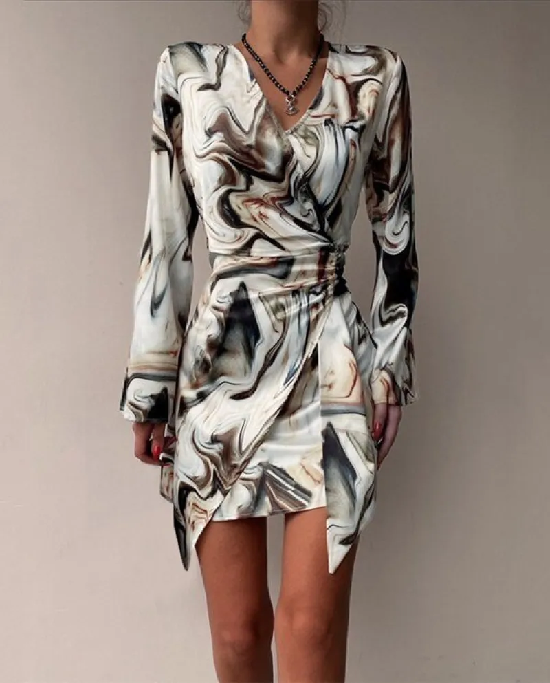 Nuovo abito a maniche lunghe increspato con scollo a V gonna tuta da donna vestito da partito vestito da donna autunno abiti min
